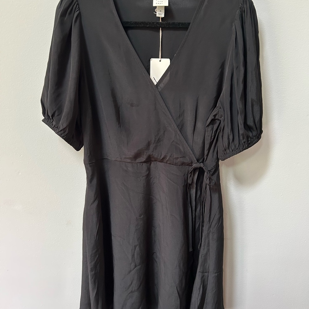 A New Day Black Puff Sleeve Faux Wrap Midi Dress